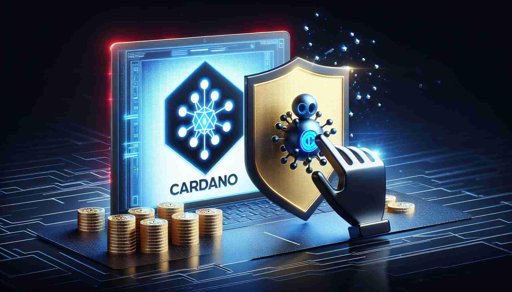 A high-definition image presenting a symbolic representation of the Cardano cryptocurrencies platform successfully preventing a security breach. Visualize a strong barrier or a shield representing Cardano ('Cardano' can be written on the barrier or shield), blocking a visual symbol of a security threat, perhaps represented by a computer virus or hacker icon.