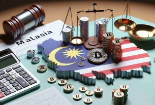 High-definition realistic image of a symbolic representation of tax evasion in cryptocurrency operations specifically within the geographical and cultural context of Malaysia. The scene should include elements such as cryptocurrency symbols, the Malaysian flag or map, and symbols of tax oversight like scales of justice, calculators, or audit documents.