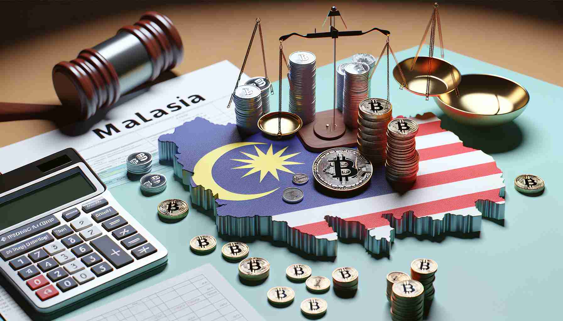 High-definition realistic image of a symbolic representation of tax evasion in cryptocurrency operations specifically within the geographical and cultural context of Malaysia. The scene should include elements such as cryptocurrency symbols, the Malaysian flag or map, and symbols of tax oversight like scales of justice, calculators, or audit documents.