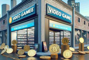 A high-definition realistic image representing the potential revolution of a major video game retail corporation steering towards cryptocurrency, specifically Bitcoin. Show the corporation's typical store front, with visible signage replaced by symbols of Bitcoin. The scene should also convey the changing landscape of commerce and trade.