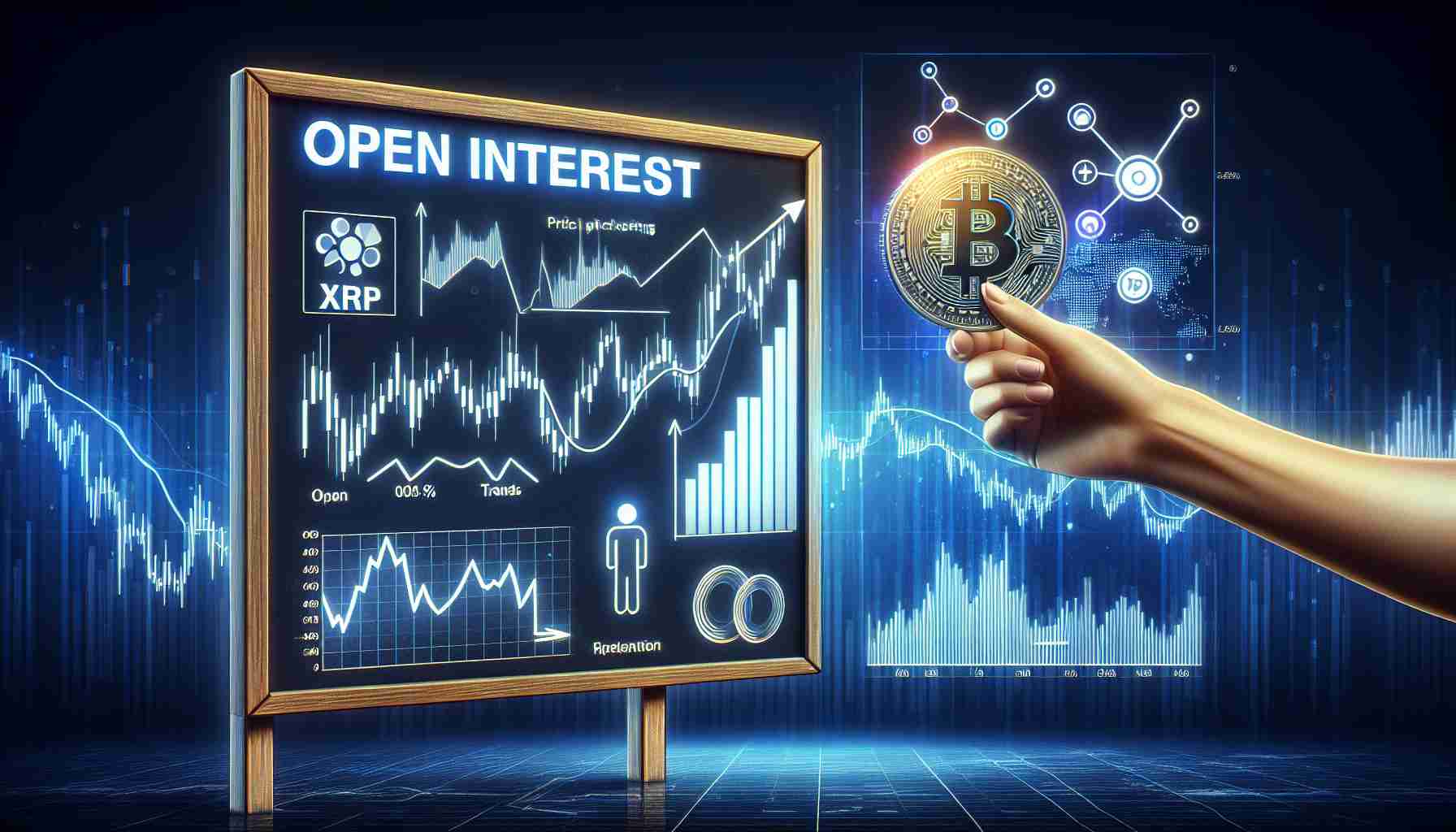 Create a realistic, high-definition image showing the concept of XRP’s Open Interest. The graphic should signify potential price swings with visual elements such as charts, graphs, trends, and lines showing volatility. Please include a board or sign indicating 'Open Interest'. The overall feel of the image should be financial and analytical.