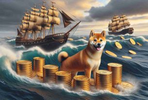 Realistic high-definition photo of Shiba Inu breed of dog in a scene depicting the concept of 'whales offloading coins amid a market downturn'. This can be illustrated by showing the Shiba Inu on a ship, surrounded by large barrel sized coins being offloaded during a turbulent sea, symbolizing the financial market downturn.