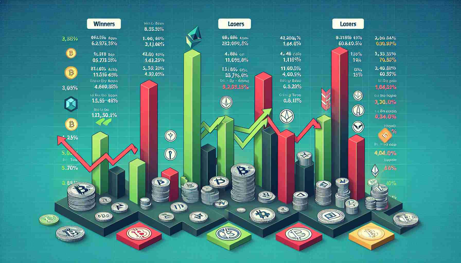 An infographic-style image illustrating the weekly winners and losers in the cryptocurrency market. Include stylized bar graphs showing their performance and notable changes, along with labels for each cryptocurrency and percentage change. The winners section is filled with upward green arrows indicating a bullish market condition, while the losers section is filled with downward red arrows suggesting a bearish market condition. Feature some of the most popular cryptocurrencies like Bitcoin, Ethereum, and Litecoin.