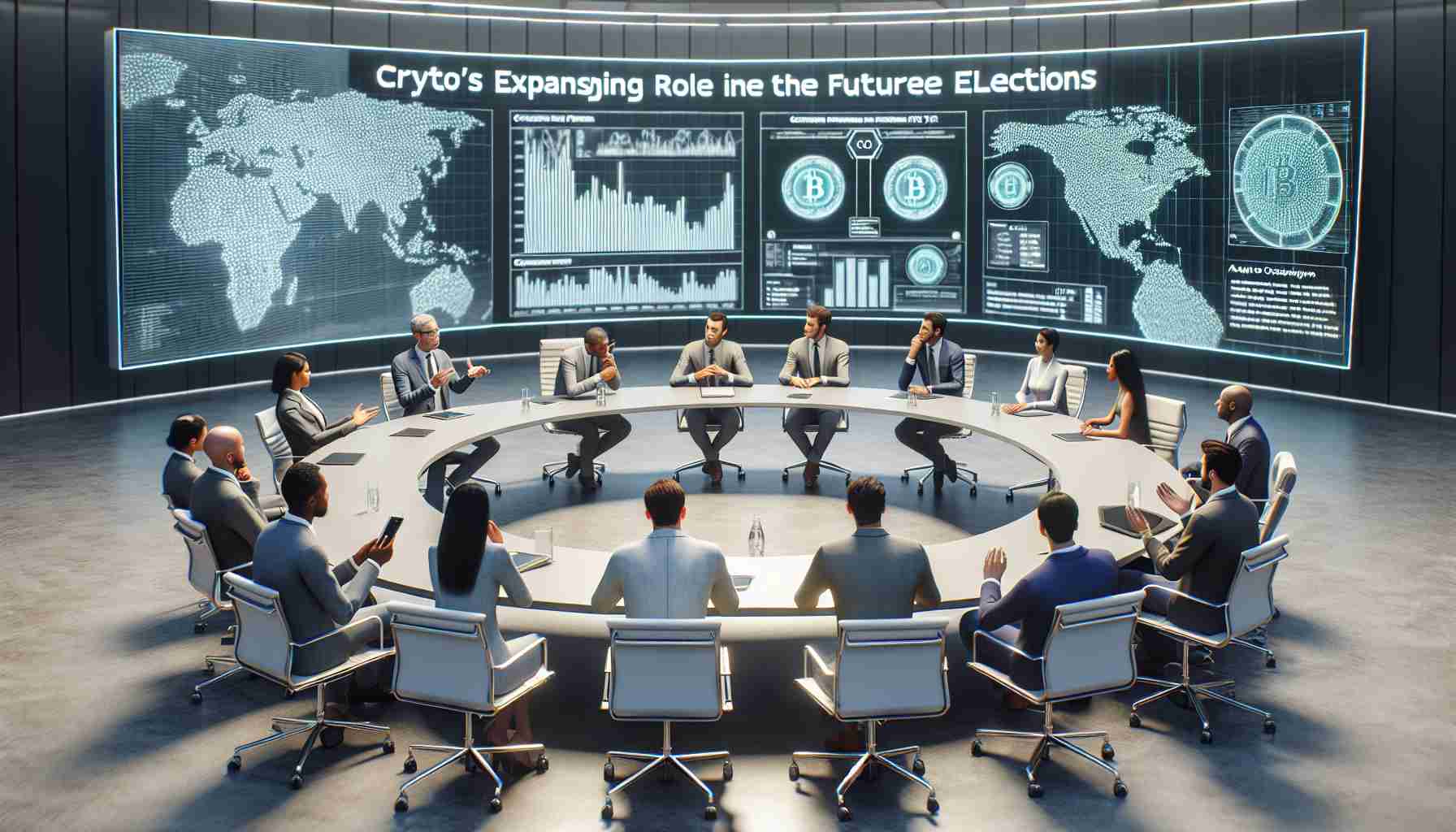 An HD photo realistic representation of a discussion panel labeled 'Crypto's Expanding Role in the Future Elections'. The discussion is led by an anonymous individual named Jacob, depicted as a middle-aged Caucasian man with glasses and a light grey suit. He is seen conversing with a variety of multiracial, male and female panel members, each expressing their viewpoints passionately. The room appears modern, filled with a large circular table and multimedia screens displaying elaborate charts and graphs related to cryptocurrency and its potential influence on future electoral processes.