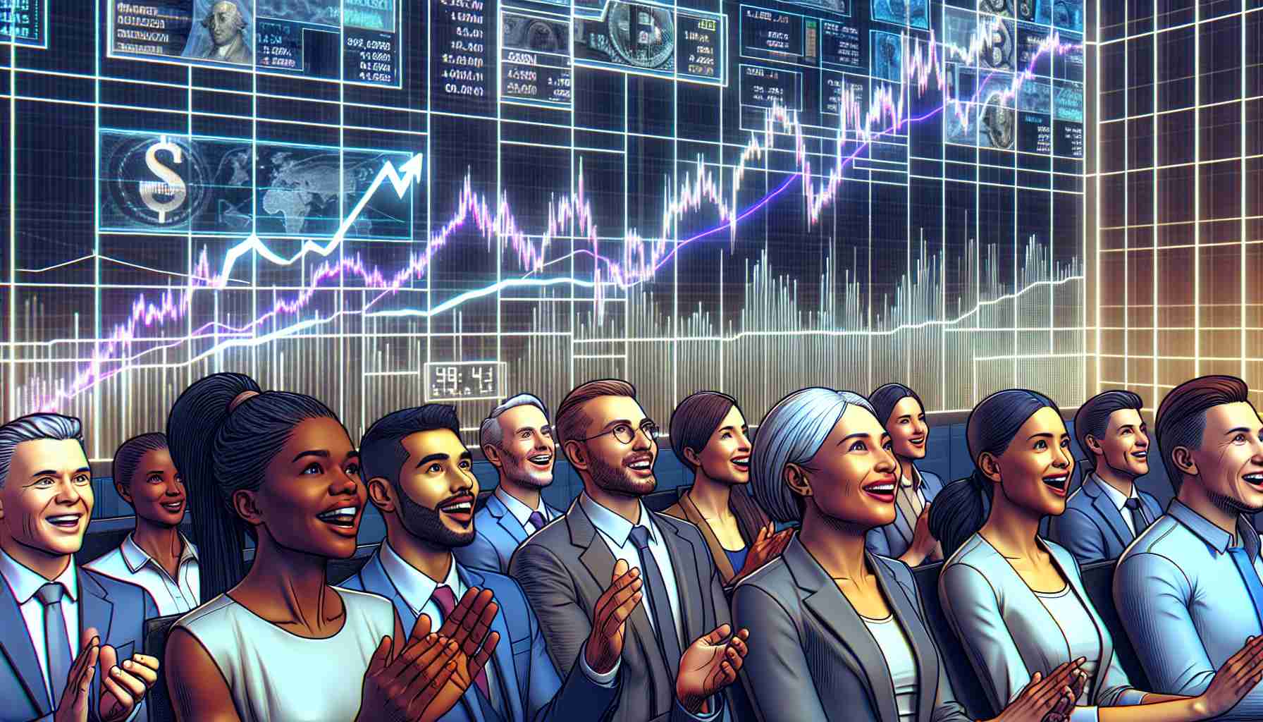 Generate a highly detailed and realistic image depicting the rapid ascent of a fictitious cryptocurrency known as 'Notcoin'. The graphics should include a line chart with an increasing trend, and nearby, there should be a group of diverse investors from various descents and genders, such as Hispanic female, Black male, Caucasian male, and South Asian female, exhibiting expressions and body language that indicate excited attention and keen interest. Please include digital screens and other typical elements found in a modern trading room.