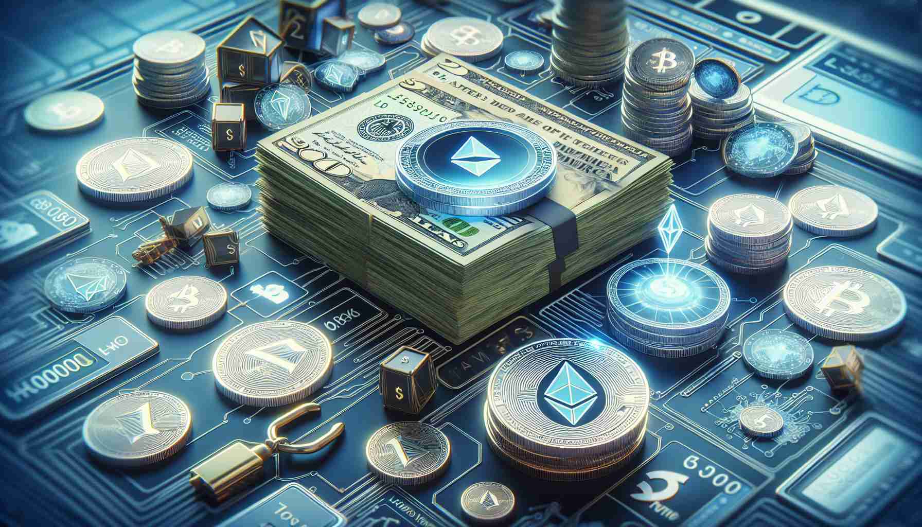 Create a realistic HD image visualizing the concept of Layer3 securing $15 Million for Token Distribution Innovation. Show dollar bills, tokens representing digital currency, and elements associated with technological innovation in a coherent, captivating scene.