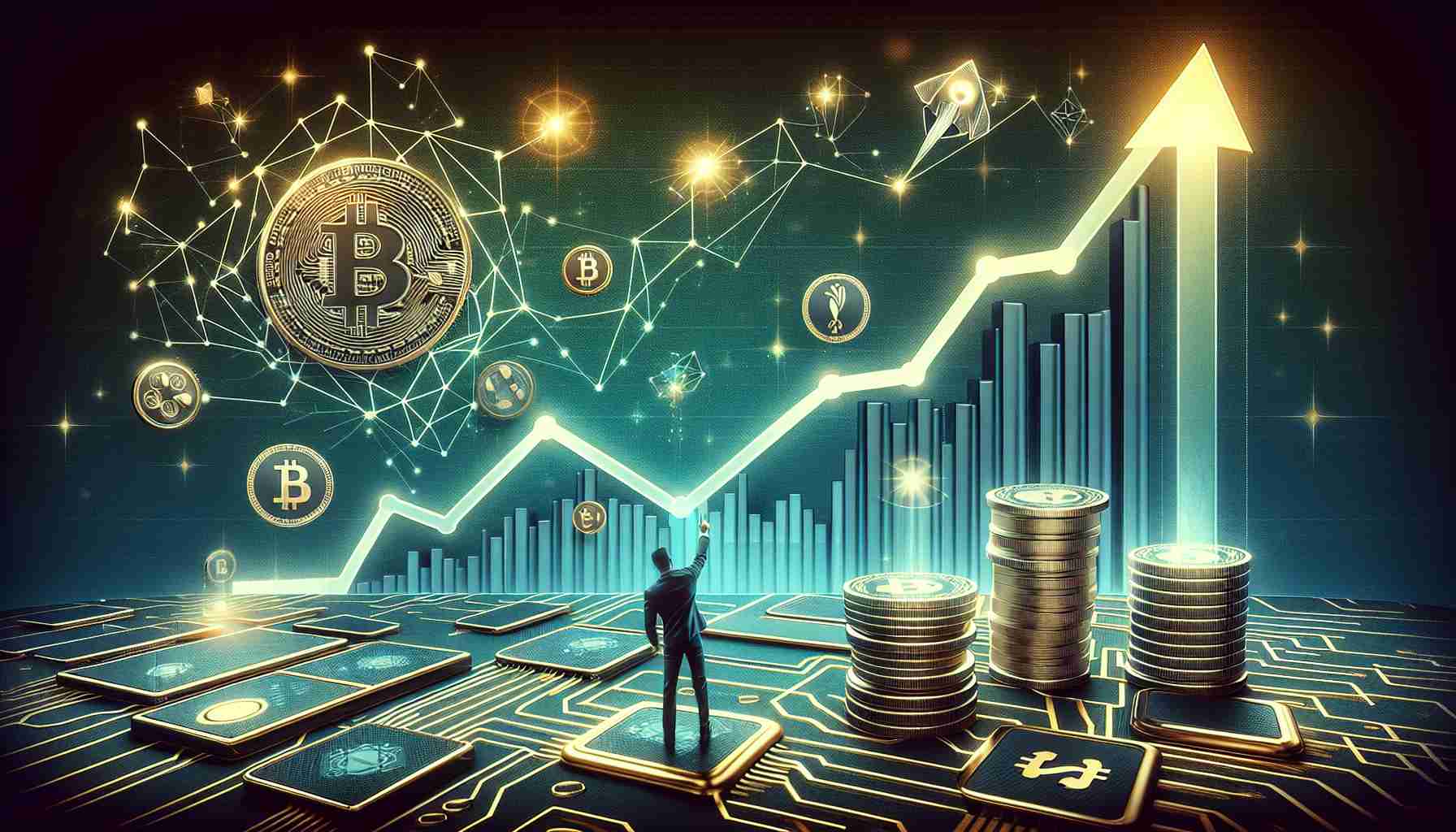 Create a high-definition, realistic image based on the concept of cryptocurrency Chainlink experiencing an increase in value. The main focus should be a soaring graph line, indicating the currency's new highs. Complement the central graph with other tech and finance related elements such as circuit boards, coins, and figures pointing to the graph. Use colors usually associated with Chainlink, such as a muted navy blue and a minty green. Please avoid any association with real people or identifiable figures.