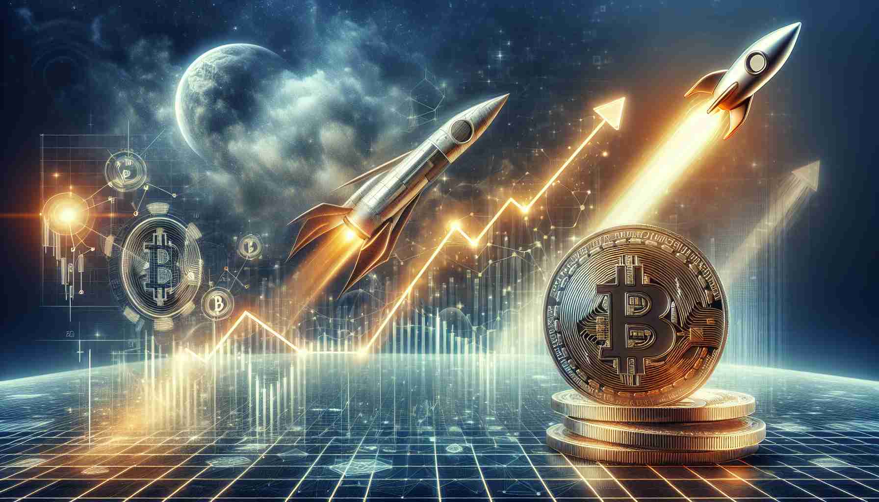 Create a detailed, high-definition image that symbolizes the potential future trajectory of Bitcoin after a halving event and the launch of an ETF. The image might include an ascending line graph representing Bitcoin's price on one side, a halved physical Bitcoin coin on another side, and a flying rocket representing the ETF launch on the final side. All of these elements are placed against the backdrop of a sophisticated digital world.