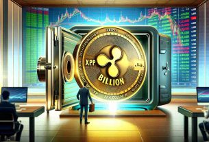 Illustration of a symbolic event symbolizing the release of 1 Billion XRP by Ripple in July. It could be represented as a large, golden digital coin with '1 Billion' inscription and the Ripple logo, being released from a modern digital safe. The background displays a dynamic stock market chart in hues of green and red, implying market implications. The setting is in a modern office during the day. The overall tone of the picture should reflect the high stakes and intense atmosphere of this significant event.