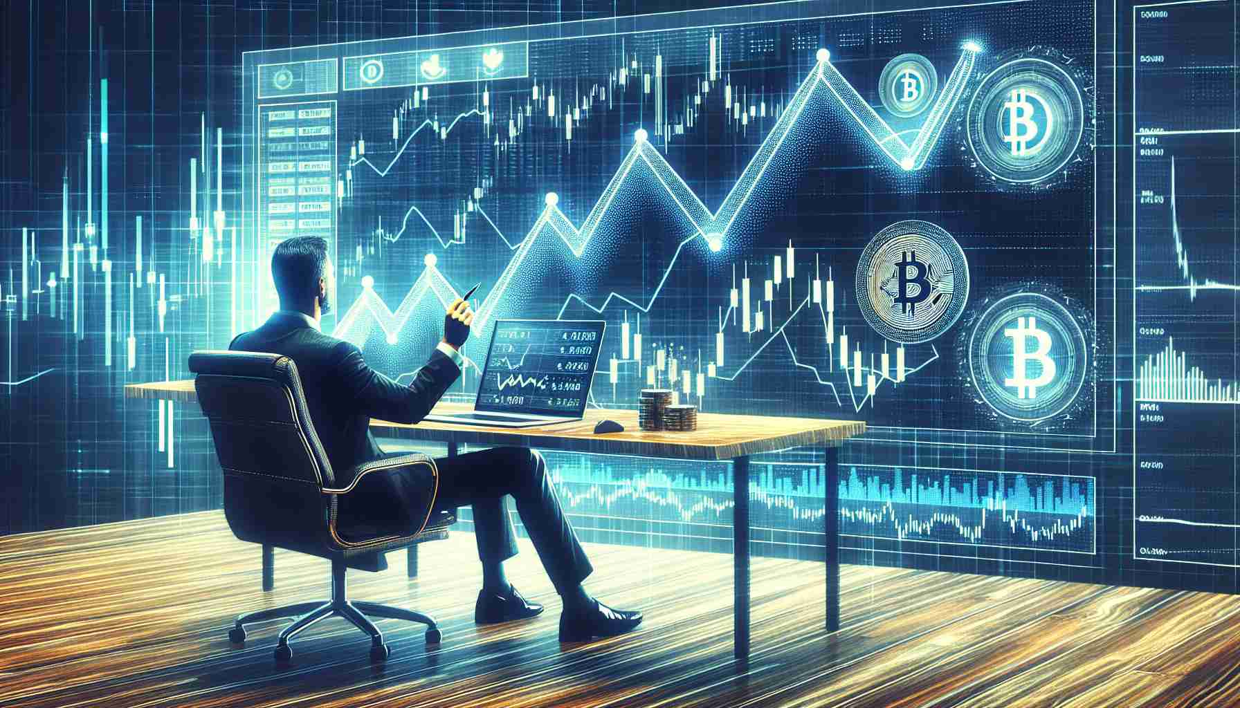 Generate a realistic high-definition image depicting the potential upswing in the market value of the Polkadot digital currency. Show alongside expected movements in the markets for Bitcoin and Chainlink. Use representations such as line graphs, candlestick charts or other trading indicators to illustrate these financial concepts. The image should be set in a modern, digital environment.