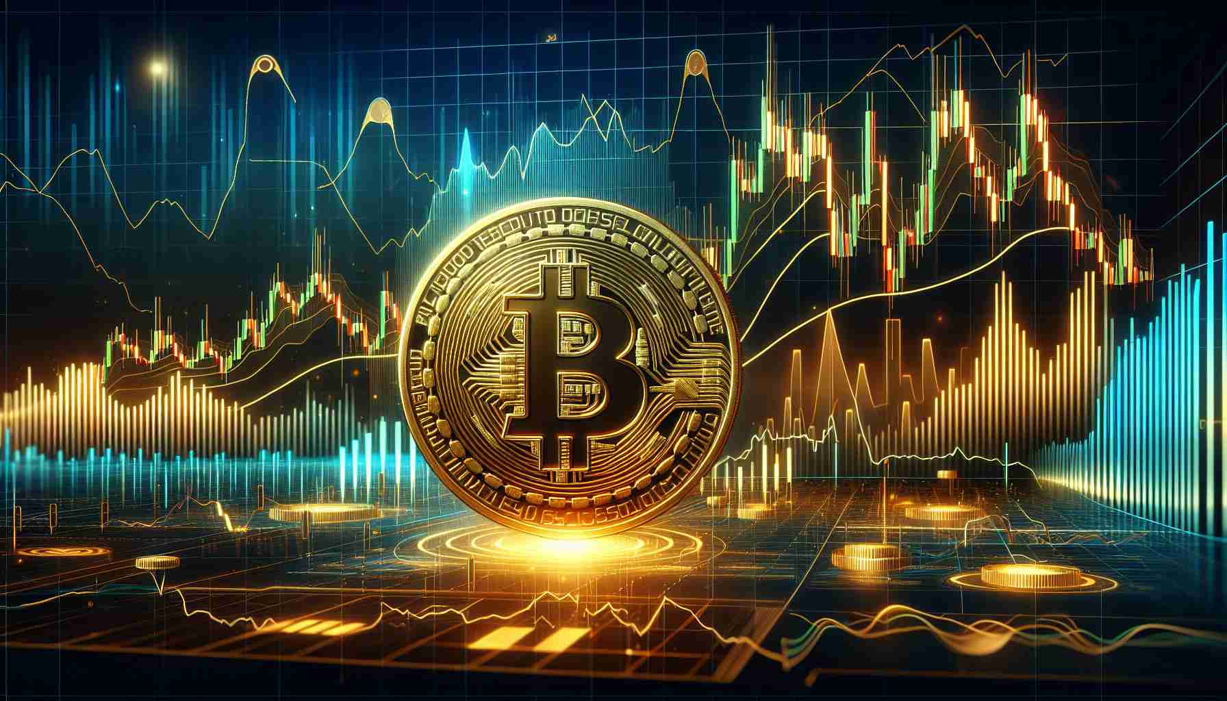 An imagery interpretation of a positive signal emerging in the form of the Bitcoin symbol (₿) being oversold on a Daily RSI scale. The Bitcoin symbol manifests vibrantly, beautifully in gold against a backdrop of a complex chart with trend lines, oscillators, candlesticks, and other indicators of a typical RSI scale. The scene as a whole represents the concept of overselling, generating a realistic and high-definition financial visualization.