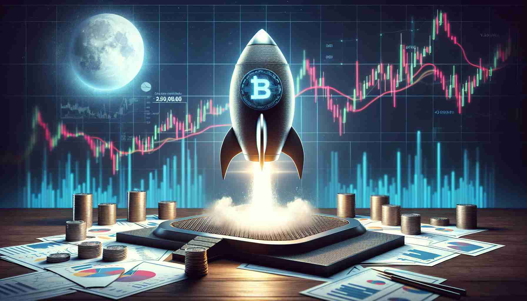 Create a realistic, high-definition digital art of an altcoin named 'BONK' poised on a launching pad, signifying a potential uptrend. Surround this visualization with a background exhibiting fluctuating charts and graphs to represent market swings. The overall tone should reflect an air of anticipation and excitement.