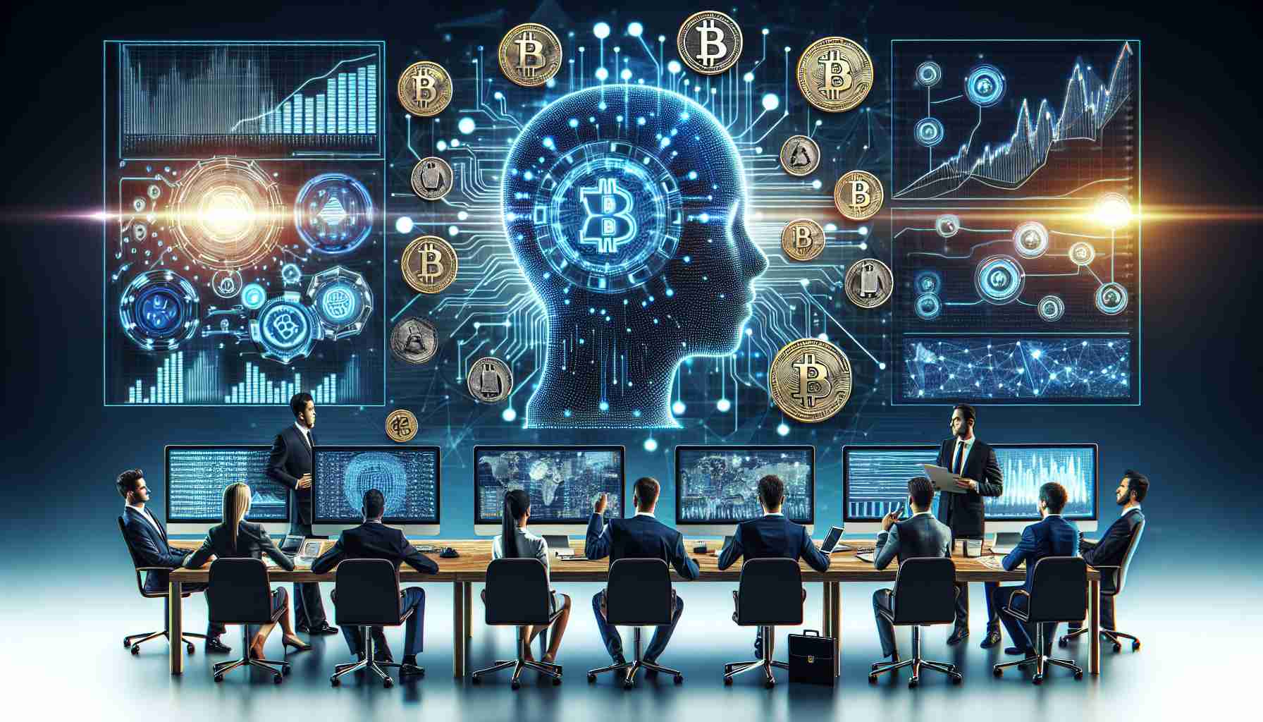 Realistic high-definition image of a conceptual scene where a financial investment firm employs artificial intelligence in managing various cryptocurrency enterprises. The scene may include computers with complex algorithms visualized on screens, symbolic depictions of different cryptocurrencies, and professional individuals discussing strategies.