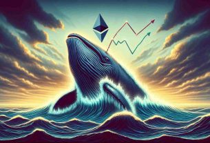 Generate a realistic high definition image depicting the metaphorical representation of Ethereum's price resurgence. Show a large, powerful whale, rising up from the depths of the ocean, symbolically representing the 'whales' fuelling the upswing. The image should also host dynamic elements such as waves, perhaps a stormy sky, and Ethereum's logo, to give a sense of turmoil and resurgence. The price increase can be visually depicted maybe by a positive graph line on the body of the whale. Remember, this image is not to be a direct financial chart, but purely symbolic.