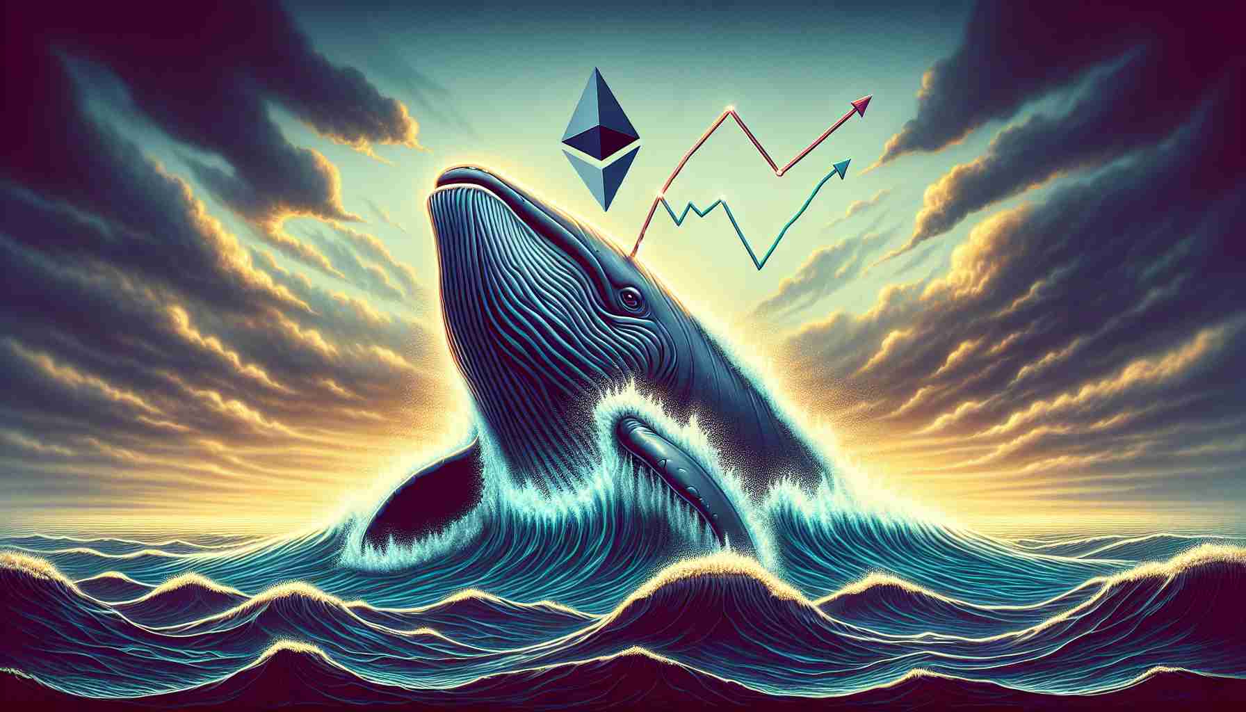 Generate a realistic high definition image depicting the metaphorical representation of Ethereum's price resurgence. Show a large, powerful whale, rising up from the depths of the ocean, symbolically representing the 'whales' fuelling the upswing. The image should also host dynamic elements such as waves, perhaps a stormy sky, and Ethereum's logo, to give a sense of turmoil and resurgence. The price increase can be visually depicted maybe by a positive graph line on the body of the whale. Remember, this image is not to be a direct financial chart, but purely symbolic.