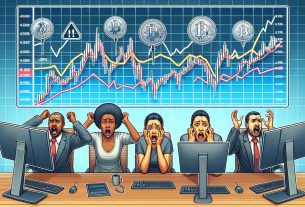 Generate a highly detailed and realistic image illustrating the concept of market sentiment dipping, as indicated by fear among cryptocurrency investors. This should be displayed via a large graph showing recent downtrends, alongside anxious facial expressions on traders watching the market changes closely. Ensure the traders are diverse, including a Black female, Hispanic male, and Middle-Eastern female.