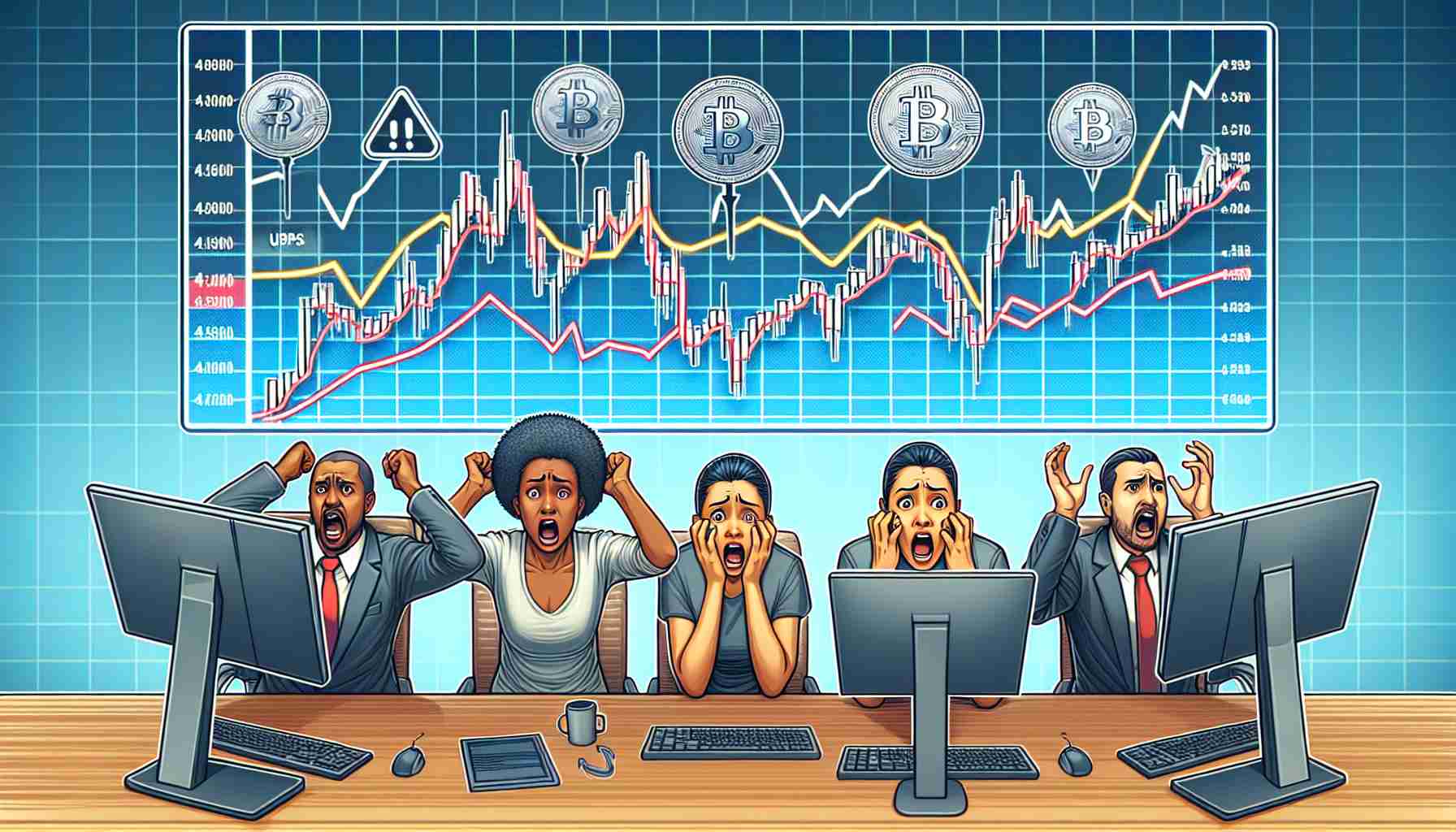 Generate a highly detailed and realistic image illustrating the concept of market sentiment dipping, as indicated by fear among cryptocurrency investors. This should be displayed via a large graph showing recent downtrends, alongside anxious facial expressions on traders watching the market changes closely. Ensure the traders are diverse, including a Black female, Hispanic male, and Middle-Eastern female.