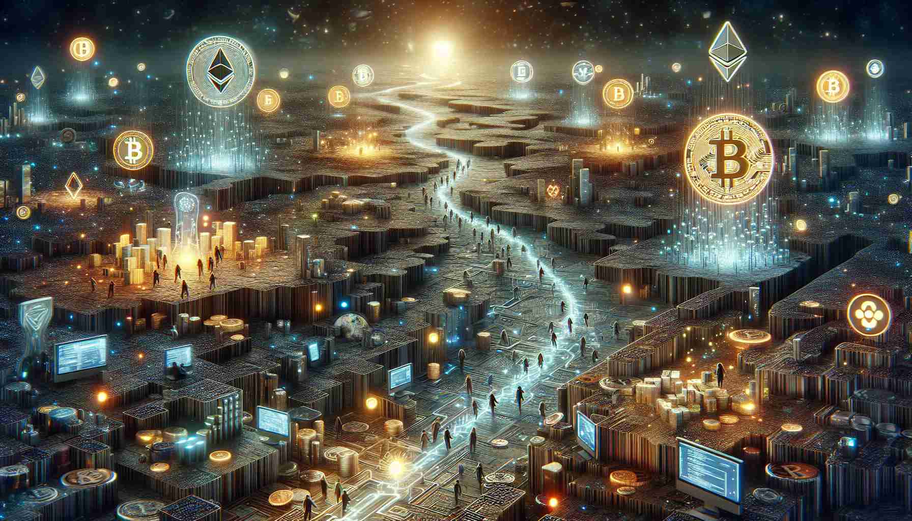 A detailed, high-definition image that visually represents the journey to wealth in the field of cryptocurrency. The scene might include a vast, intricate digital landscape with paths made up of complex code and algorithms. Glowing symbols of different cryptocurrencies such as Bitcoin, Ethereum, and Ripple could be seen floating or embedded in the landscape. Digital treasures like glowing coins, digital chests, and virtual wallets could be dispersed throughout the paths, symbolizing the wealth that can be accumulated. People of different genders and descents may also be depicted, using futuristic devices to explore and interact with this digital world.