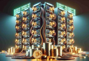 High definition realistic image of an array of computers connected with numerous cables. Each computer flickers with a myriad of lights, indicating robust activity. Stacked next to them are some recently mined gold-colored, round, adorned bitcoin coins. A digital board overhead displays shrinking profit margins post-halving.