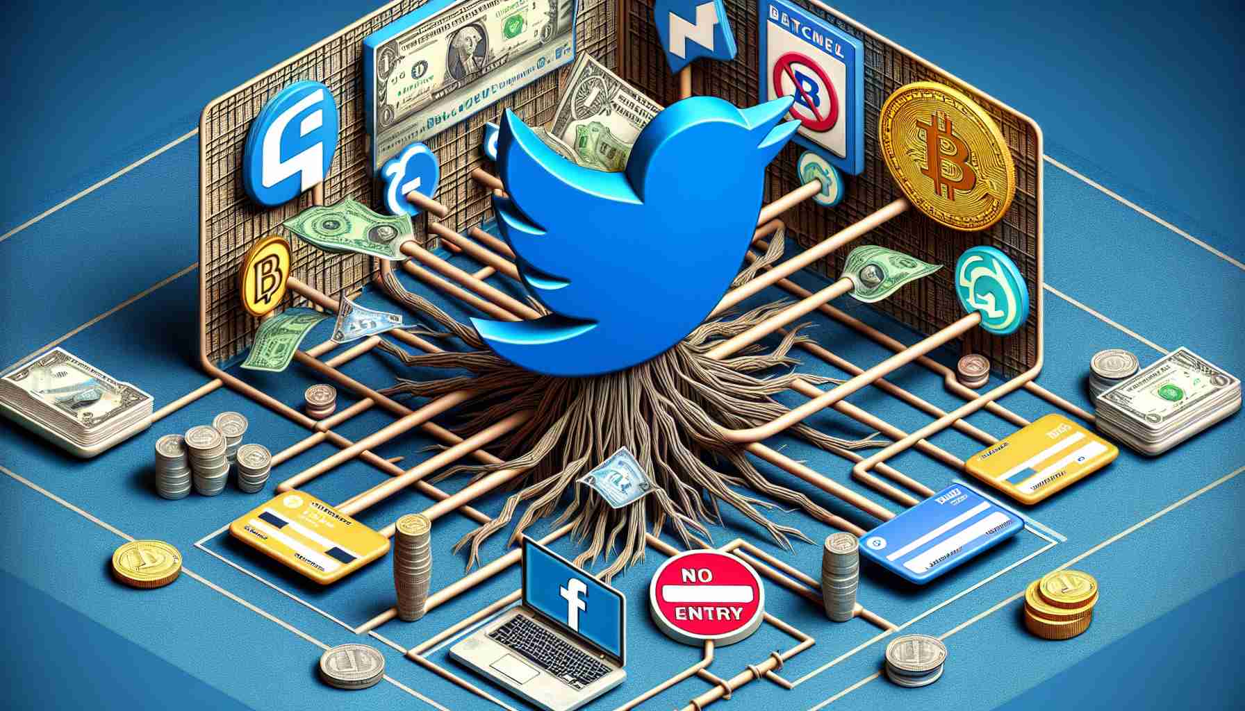 A highly detailed and realistic image of a visual metaphor representing a popular social media platform branching out into the financial sector, however, avoiding cryptocurrency at the beginning stages. The social media platform can be symbolized by a blue bird, while the payment arena can be represented by physical symbols of money like credit cards, coins, and cash registers. The concept of 'initially excluding crypto' could be illustrated by a 'NO ENTRY' sign with the Bitcoin symbol.