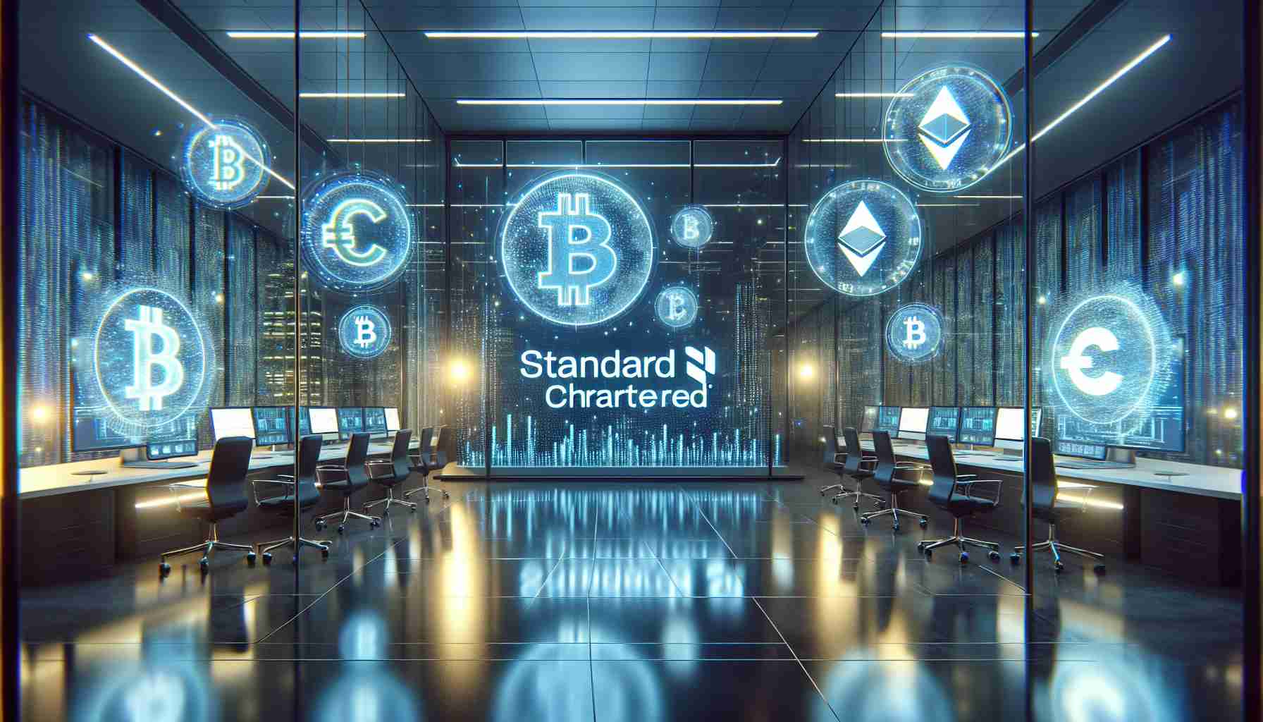 Produce an HD, hyper-realistic image that showcases Standard Chartered venturing into the cryptocurrency trading space. The image should depict a contemporary office environment, with computer screens displaying cryptocurrency trading charts. On the office's glass walls, holographic symbols of various cryptocurrencies such as Bitcoin, Ethereum, and Ripple should be floating. The floor should be reflecting the glowing symbols, creating a futuristic vibe. On a large screen in the background should be the Standard Chartered logo, promising a new frontier in finance.