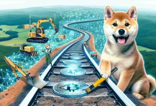 Generate a photo-realistic, high-definition image that visually represents the developmental journey of a Shiba Inu dog evolving into a symbolic representation of blockchain technology. Picture it as an adventure, where the Shiba Inu is constructing a railway pathway, symbolizing the progress in building a blockchain infrastructure.