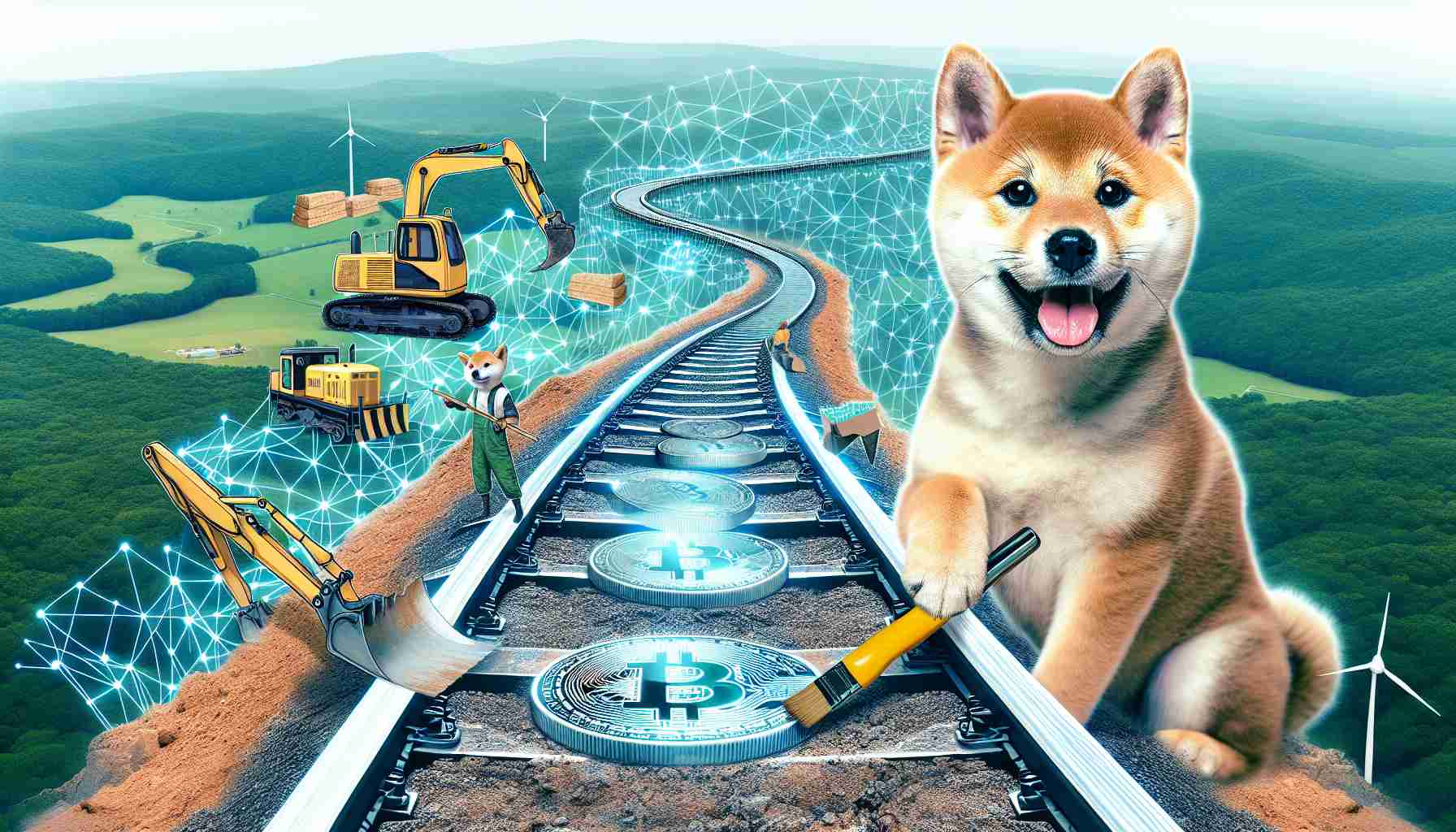 Generate a photo-realistic, high-definition image that visually represents the developmental journey of a Shiba Inu dog evolving into a symbolic representation of blockchain technology. Picture it as an adventure, where the Shiba Inu is constructing a railway pathway, symbolizing the progress in building a blockchain infrastructure.