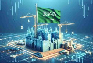 Generate a high-definition, realistic portrayal of a new digital currency framework gaining traction, represented by a symbolic structure being built. Display the flag of Saudi Arabia in the scene, indicating the country's involvement in this scenario.