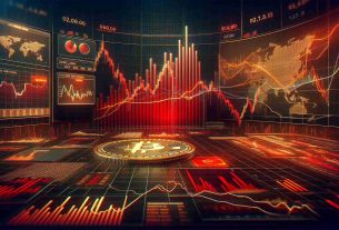 Generate a realistic, high-definition image of cryptocurrency markets experiencing a sharp decline, with the focus of the scene being on a graphic indicating that Bitcoin has dipped below $61,000. The image should include charts, graphs, and other quantitative visualizations typically associated with financial markets, such as line graphs demonstrating downward trends, candlestick charts, and more. The atmosphere of the whole scene is tense, and colors like red should predominate to convey the sense of a downturn.