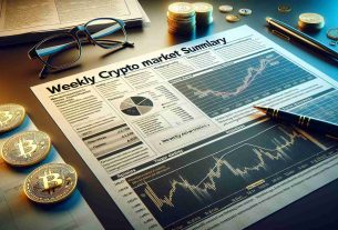 A detailed and realistic high-definition photo of a paper showing the weekly crypto market summary. The paper has headlines regarding market volatility and technological advancements within the realm of cryptocurrencies. In the background, there might be a pen and glasses indicating an analysis setup. The paper should contain charts demonstrating fluctuating values and outlines of new technologies being adopted. Alongside, scattered coins, possibly Bitcoin or Ethereum, symbolizing the subject matter.