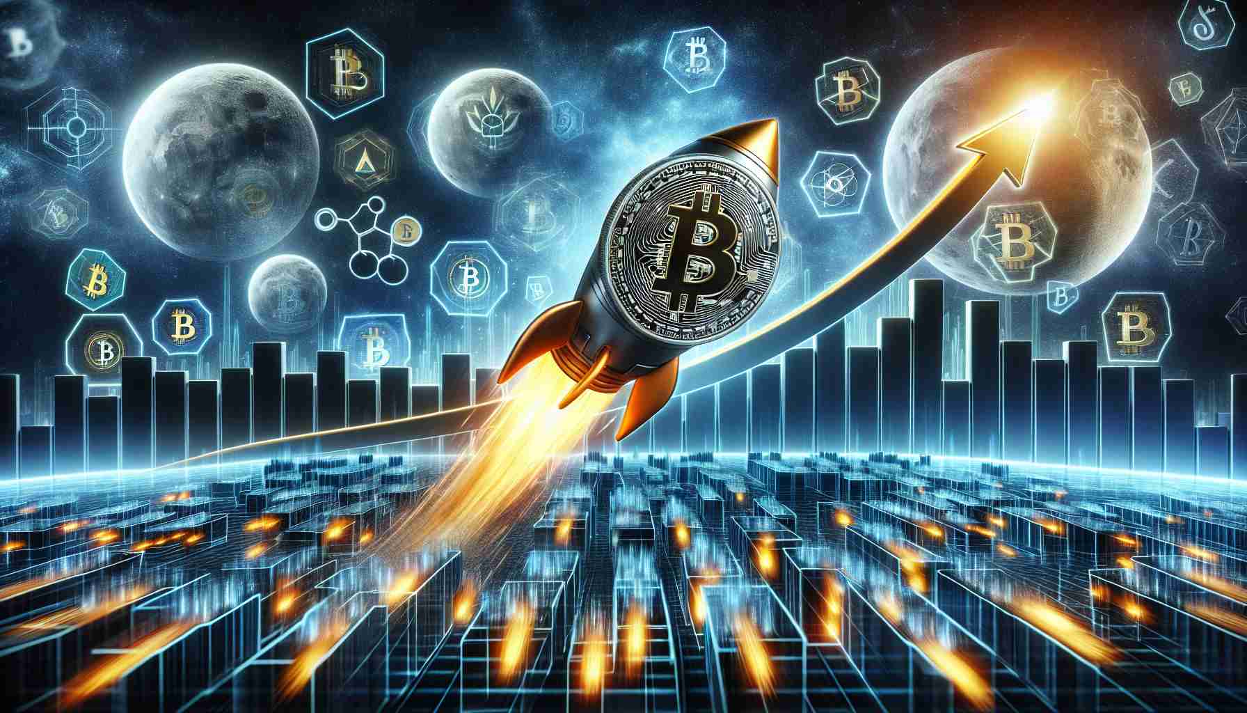 An ultra high definition realistic image depicting the symbolic representation of the resurgence of the cryptocurrency market, led by Bitcoin. Show a graph with an upward trend and Bitcoin logo ascending towards the sky like a rocket. The background is a digital-smoke filled cryptocurrency market landscape brimming with multiple other minor cryptocurrency symbols. It forms an optimistic ambiance of swift market recovery.