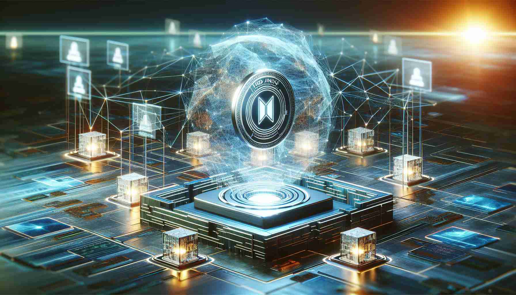 A high-definition realistic depiction of a revolutionary blockchain identity platform named Kendu Inu. The scene includes an abstract representation of a digital network, showcasing intertwined connections and secured digital blocks, symbolizing the blockchain. In the center is a sleek logo for Kendu Inu. This is set against a backdrop suggesting innovation, technology, and security. The platform demonstrates a user-friendly interface, emphasizing the aspect of user identity verification and secure data transactions.