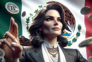 Realistic HD photo of a fictional representation of the first female president in Mexico signaling stability in cryptocurrency policy