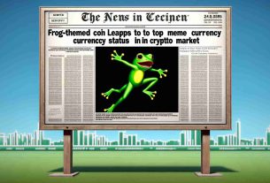 Generate a realistic, high-definition image of a green cartoon-like frog, tokenized as a coin, leaping upwards triumphantly with a headline in digital text: 'Frog-themed Coin Leaps to Top Meme Currency Status in Crypto Market'. The backdrop should be a simple graphical representation of a cryptocurrency market scene.