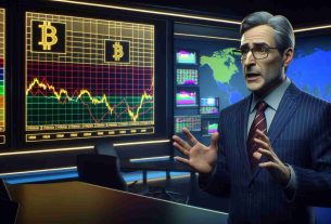 A high-definition, realistic scene in a newsroom where a generic financial commentator is warning about a potential decline in bitcoin, while simultaneously highlighting a buoyant gold market. The commentator, a middle-aged Caucasian man, is gesticulating before colorful graphs on a large screen. One graph shows a dropping line for Bitcoin and the other one a rising line for Gold. The air is filled with seriousness and a sense of impending change.