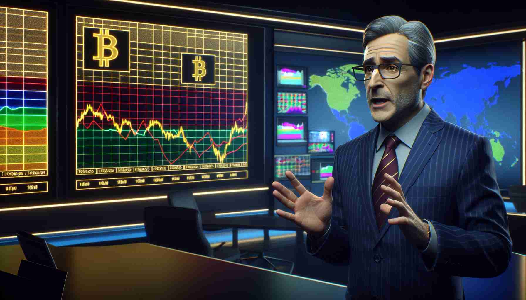 A high-definition, realistic scene in a newsroom where a generic financial commentator is warning about a potential decline in bitcoin, while simultaneously highlighting a buoyant gold market. The commentator, a middle-aged Caucasian man, is gesticulating before colorful graphs on a large screen. One graph shows a dropping line for Bitcoin and the other one a rising line for Gold. The air is filled with seriousness and a sense of impending change.