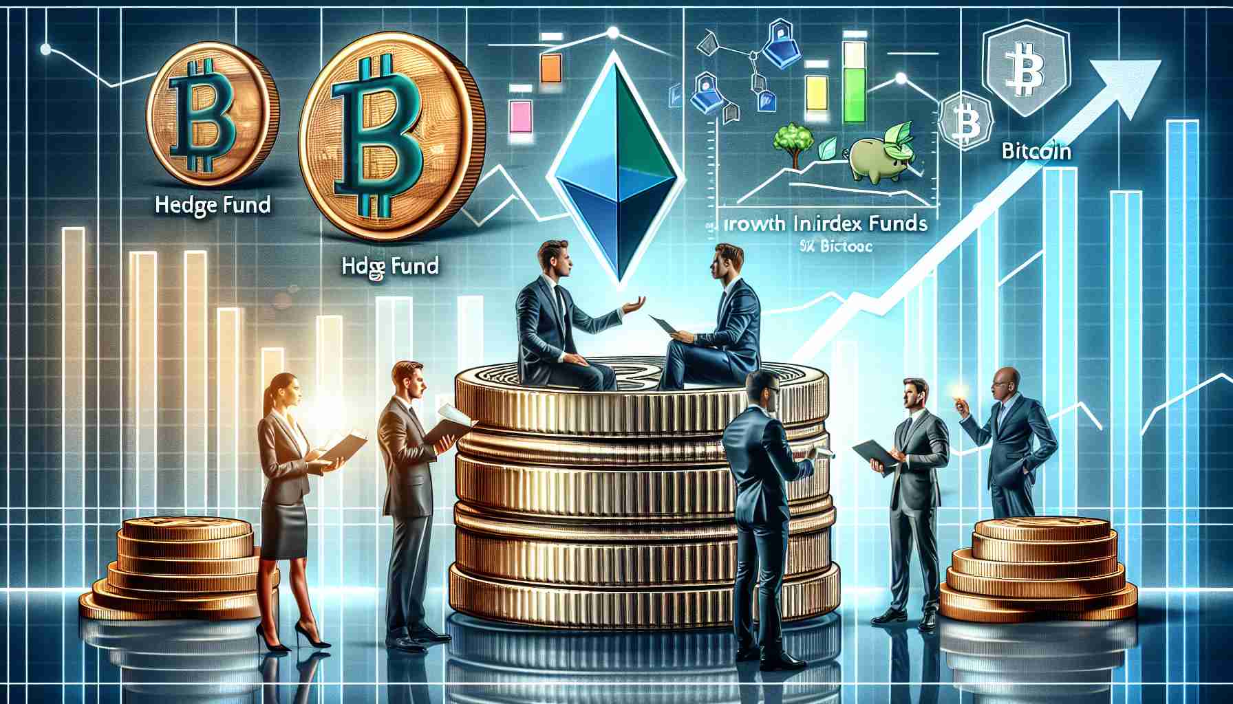 Create a high definition, realistic image reflecting the concept of top hedge fund experts shifting their focus towards growth index funds and Bitcoin exposure. Please display elements such as financial charts showing an upward trend, a few hedge fund managers of various descents and genders discussing strategy, index funds symbols, and Bitcoin logos. The vibe should be professional and progressive.