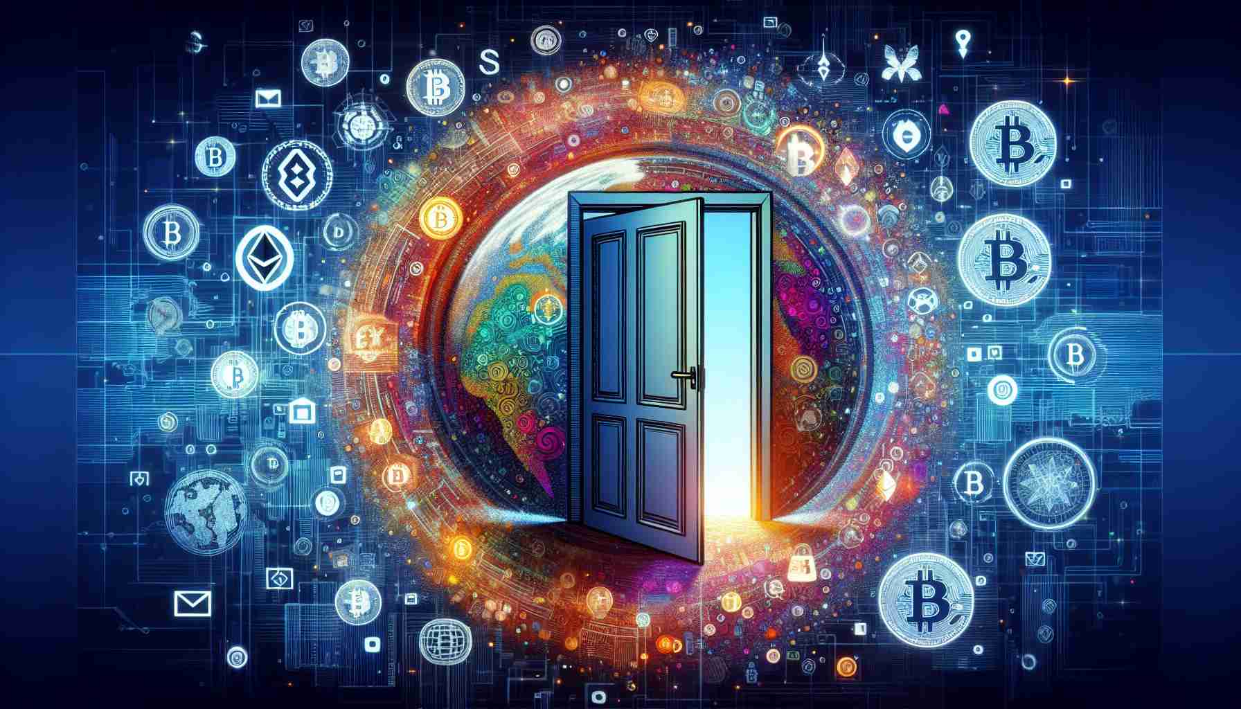 Generate a realistic high-definition image representing a symbolic entry of the company named 'Tap Global' into the U.S. cryptocurrency market through a strategic partnership. This image could involve a visual metaphor such as a door being opened to a vibrant digital world filled with symbols that represent cryptocurrencies like Bitcoin and Ethereum, and symbols representative of the U.S. market and strategic alliances.