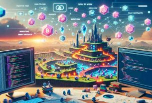 Create a hyper-realistic high-definition image illustrating the concept of developing engaging videogames benefiting from blockchain technology. The scene includes a digital landscape inhabited by creatively designed characters and structures. A dynamic game UI overlays this scenario showing elements like score, digital coins, and transparent links, symbolizing blockchain connections. On a nearby designer desk, you can see code on a computer screen, game sketches, and game design documents featuring flowcharts and diagrams with phrases such as 'peer-to-peer', 'proof of work', 'smart contracts', intertwined to signify the integration of blockchain into the game crafting process.