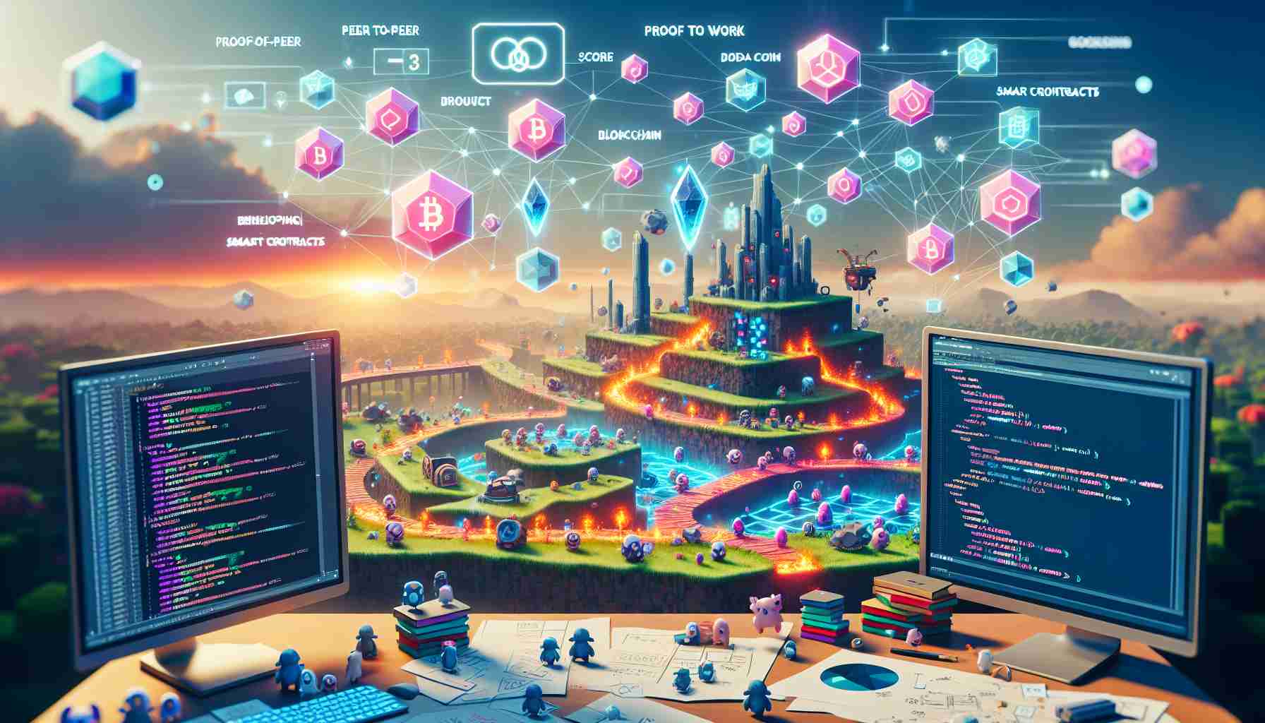 Create a hyper-realistic high-definition image illustrating the concept of developing engaging videogames benefiting from blockchain technology. The scene includes a digital landscape inhabited by creatively designed characters and structures. A dynamic game UI overlays this scenario showing elements like score, digital coins, and transparent links, symbolizing blockchain connections. On a nearby designer desk, you can see code on a computer screen, game sketches, and game design documents featuring flowcharts and diagrams with phrases such as 'peer-to-peer', 'proof of work', 'smart contracts', intertwined to signify the integration of blockchain into the game crafting process.