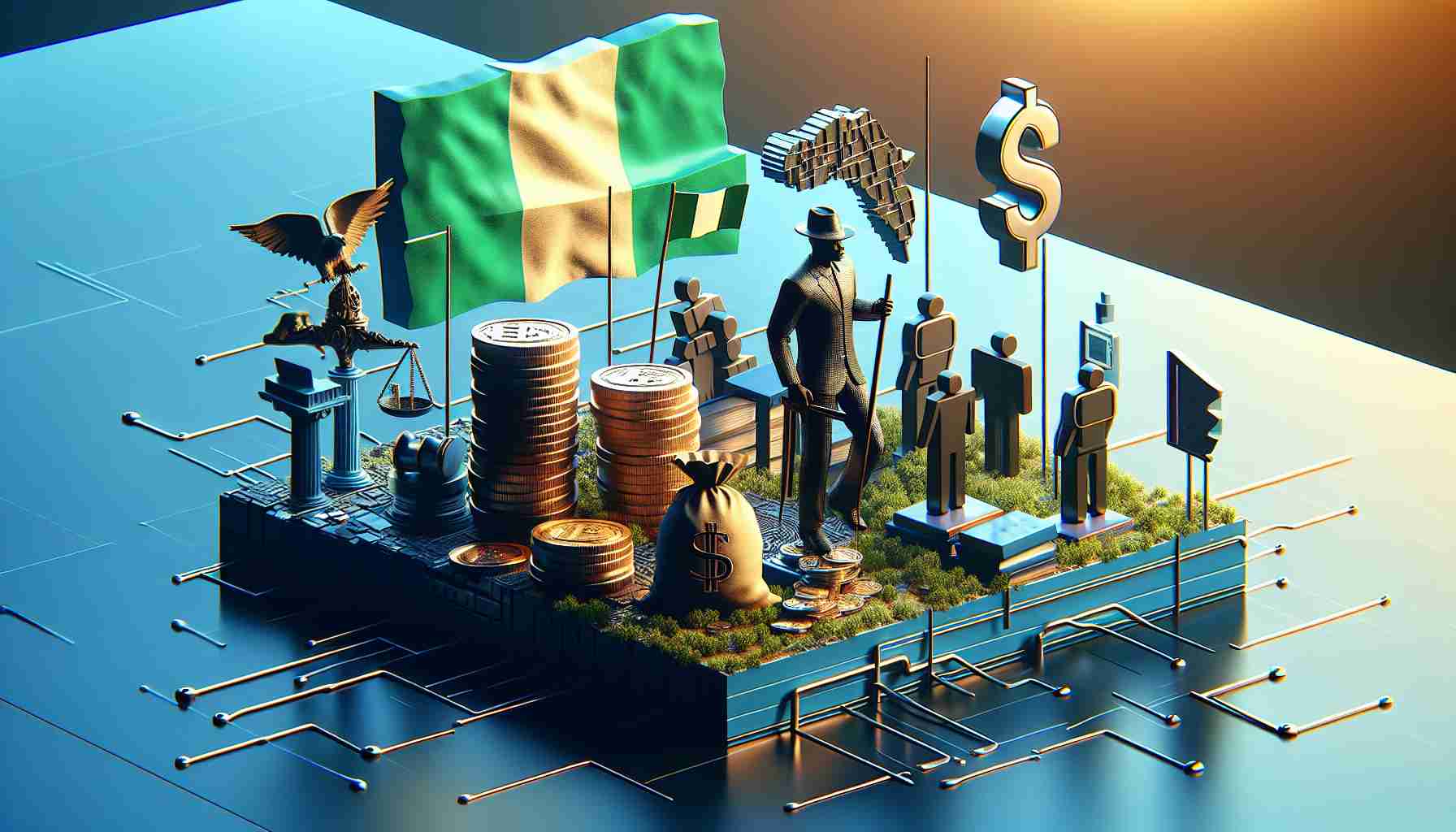 A high-definition, realistic interpretation of the concept of 'Legal Hurdles' encountered by a generic cryptocurrency exchange platform represented through imagery. This includes symbolically depicting legal disputes in a Nigerian context, and legal monitoring and regulations in a United States context.