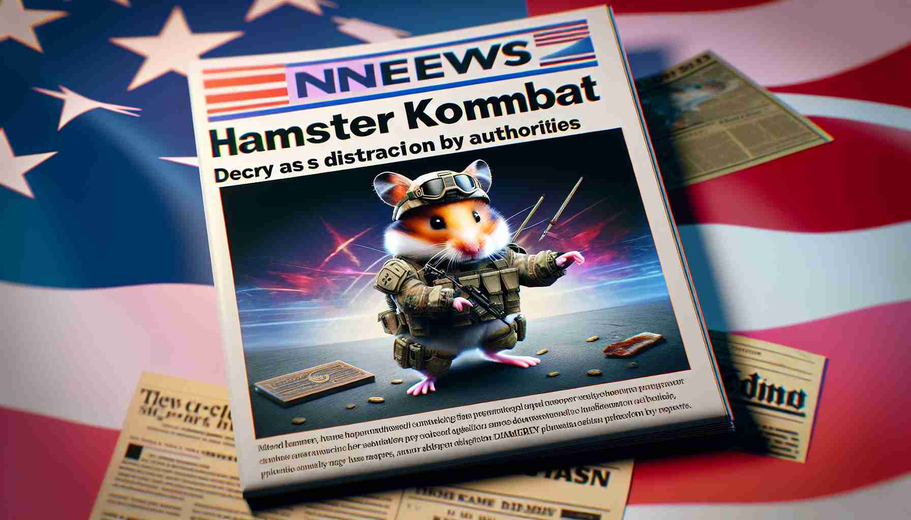 A photorealistic HD image of a news headline that reads 'Hamster Kombat Decry as Distraction by Authorities' alongside a picture of a hamster dressed in combat gear. The image is set on an abstract background that represents agitation and distraction. The hamster is animated, wearing miniature armor and a helmet, and holding a tiny weapon. Please note that any insinuation of political affiliation or portrayal of realistic figures is purely fictional and in line with freedom of creativity.