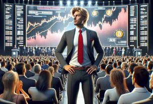 HD realistic image of a male public figure with blond hair and a red tie, who evokes a powerful and energetic atmosphere at a cryptocurrency conference. He stands confidently, possibly indicating his bullish predictions for the market. The background should include a large screen showing complex financial graphs and Bitcoin-related symbols. The crowd is filled with anticipation, comprising diverse individuals from different genders and descents.