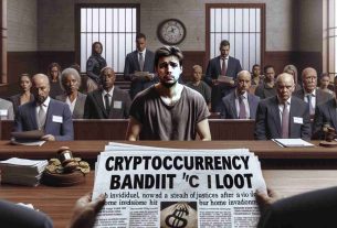 Generate a realistic high definition image of a scene where an individual, known as the 'Cryptocurrency Bandit', is facing justice after a streak of violent home invasions. The individual is a caucasian male, appearing forlorn and regretful. He is in a courtroom setting, surrounded by legal professionals and a diverse jury of his peers, including Black, South Asian, Hispanic, and Middle Eastern individuals of mixed genders. There are newspaper headlines in the foreground, specifying the severity of his crimes, his nickname, and the ground-breaking nature of the trial due to the cryptocurrency nature of the loot.