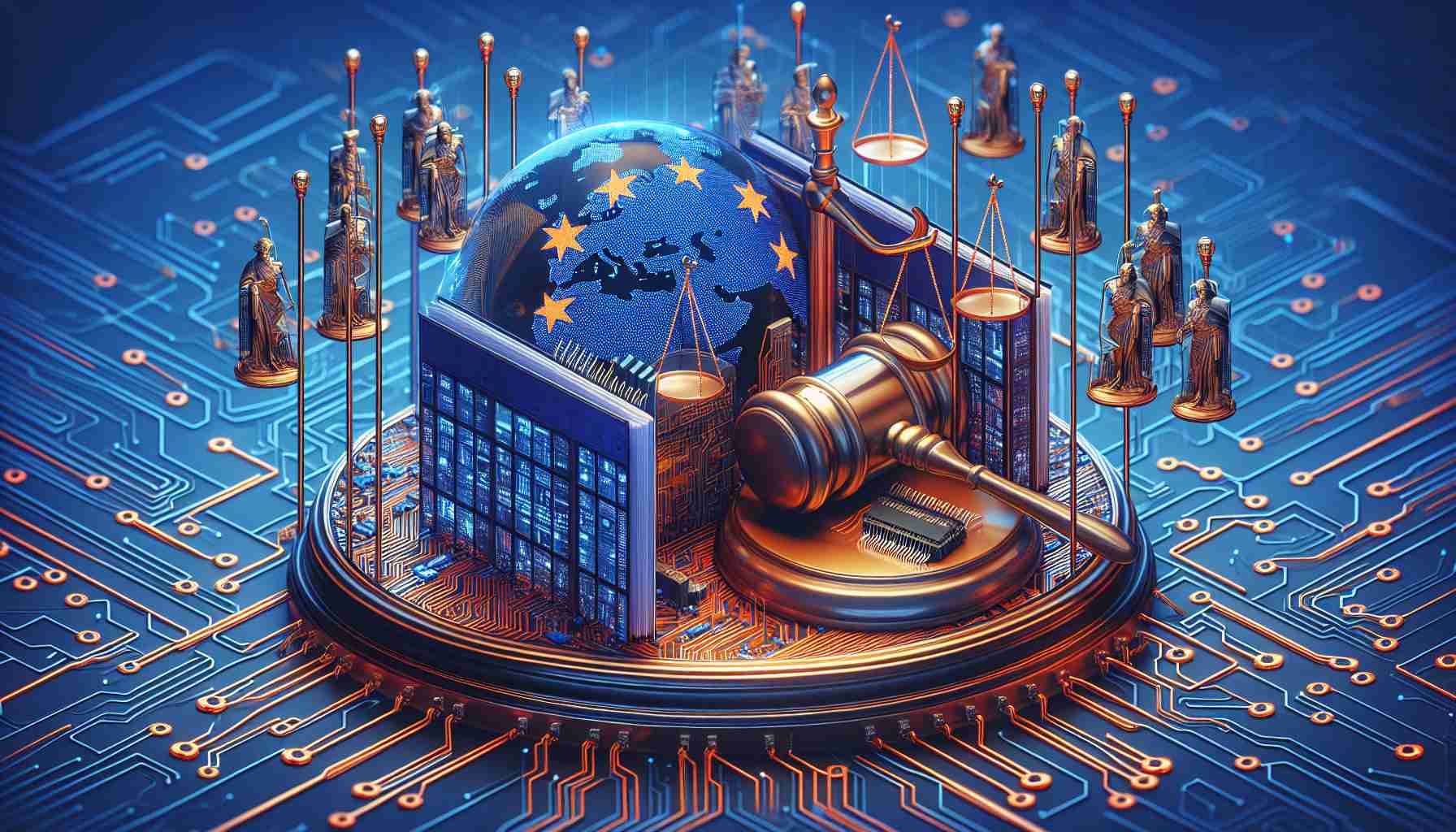 Generate a high-definition, realistic image conveying the idea of regulatory landscapes causing a delay in the advancement of artificial intelligence innovations by a leading tech corporation in Europe. The image could incorporate symbols for regulation, such as paperwork, gavels or scales of justice, and symbols for AI, such as circuit patterns or code. Europe can be represented by famous landmarks or the European Union flag.