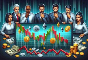 Create a high definition image that illustrates the concept of investors withdrawing from the cryptocurrency market. It should be realistic and detailed, showcasing graphs with declining trends, currencies like Bitcoin and Ethereum symbolized as falling objects, and investment portfolios turning from green to red. Display investors, both men and women of various descents like Asian, Hispanic, Caucasian and Black, showing expressions of concern as they observe the market downturn on their digital screens.