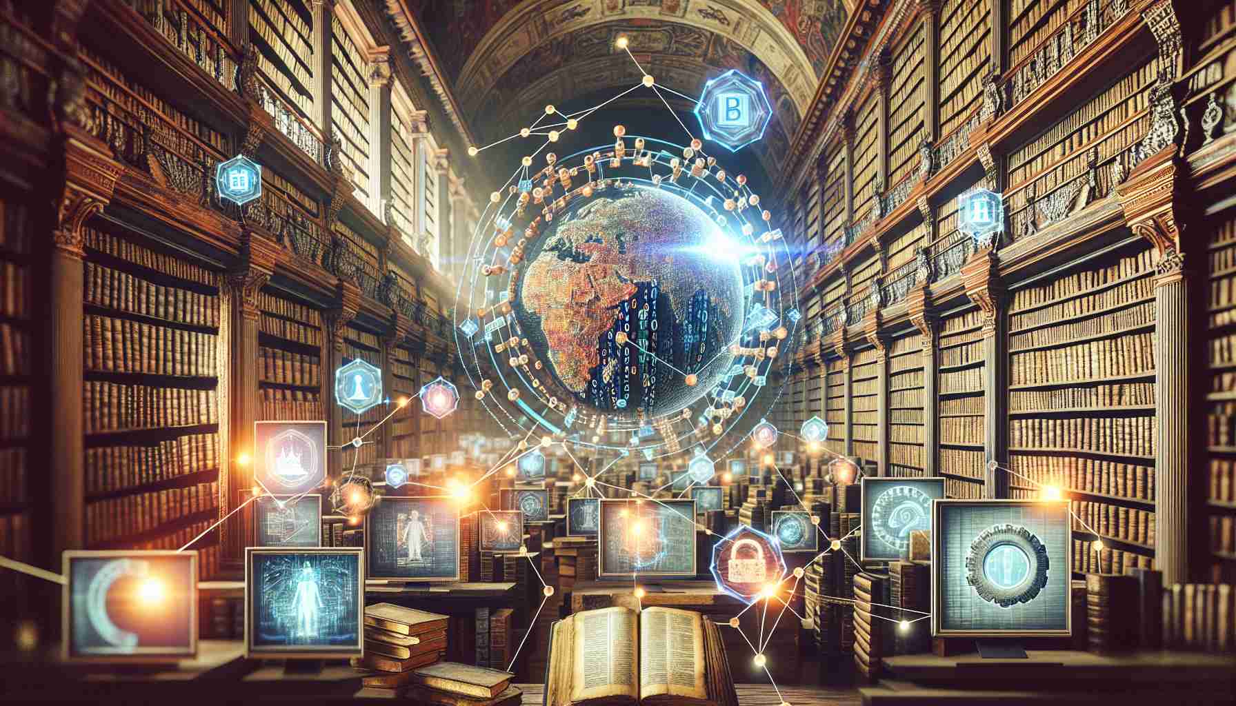 A high-definition, realistic image symbolizing a cultural institution adopting innovative technologies. Picture an age-old library filled with historical texts, ancient manuscripts, and finely detailed maps. Now mingle these classic elements with the modern visuals associated with blockchain technology like interlinked chain shapes, flowing binary codes, and light emanating from screens displaying charts & graphs. Picture subtle light play, twigs of artificial intelligence scattered. This fusion of ancient knowledge with contemporary innovations, particularly blockchain, portrays an attempt to revolutionize cultural heritage.