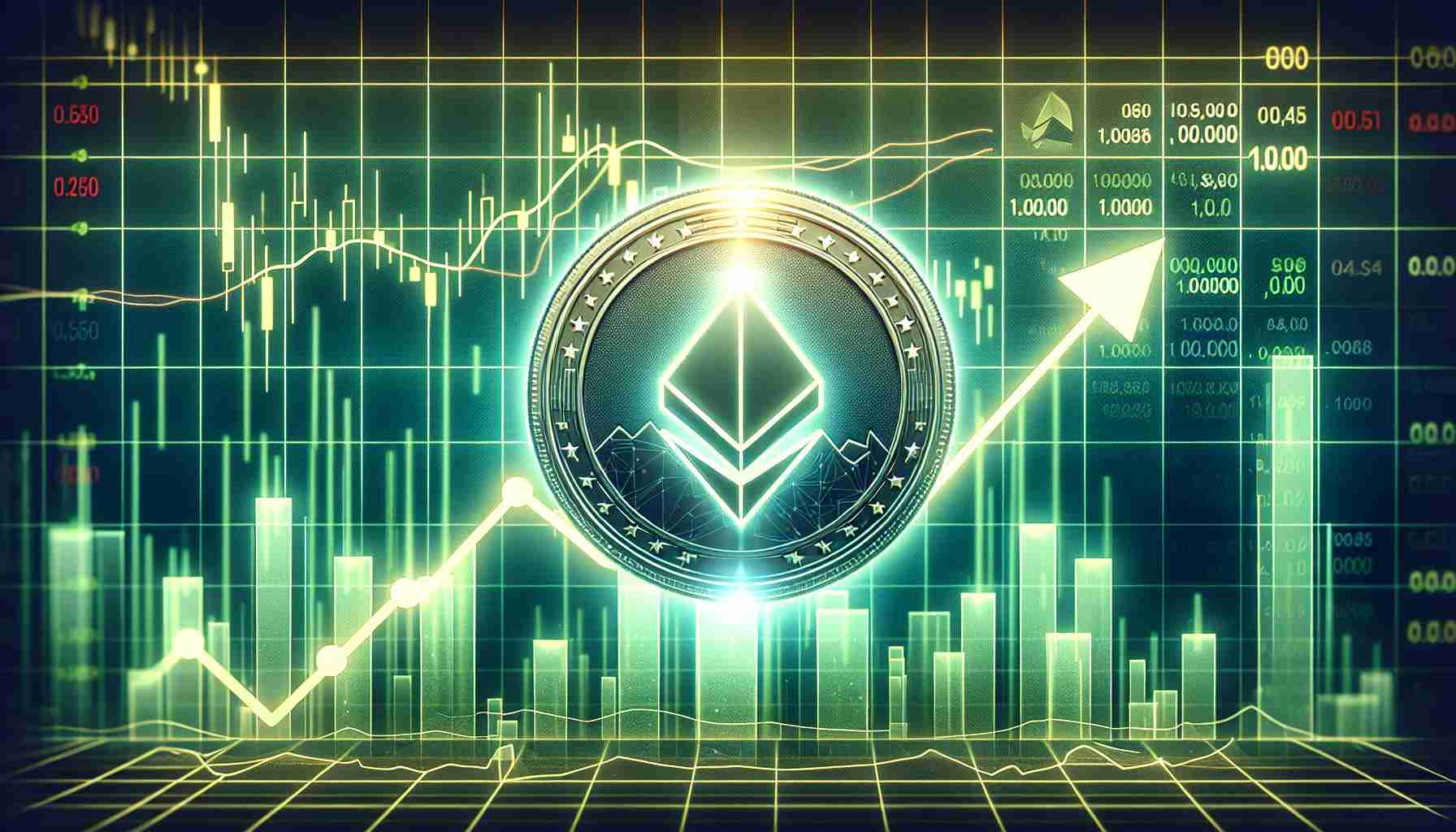 Illustration of a digital crypto token named 'ONDO' positioned for a significant price increase, portrayed through a bullish chart pattern. The backdrop suggests a rising market trend, with price bars and charts glowing in optimistic green hues. All of these elements combine to create a realistic image that captures the anticipation and excitement of financial growth in high definition.