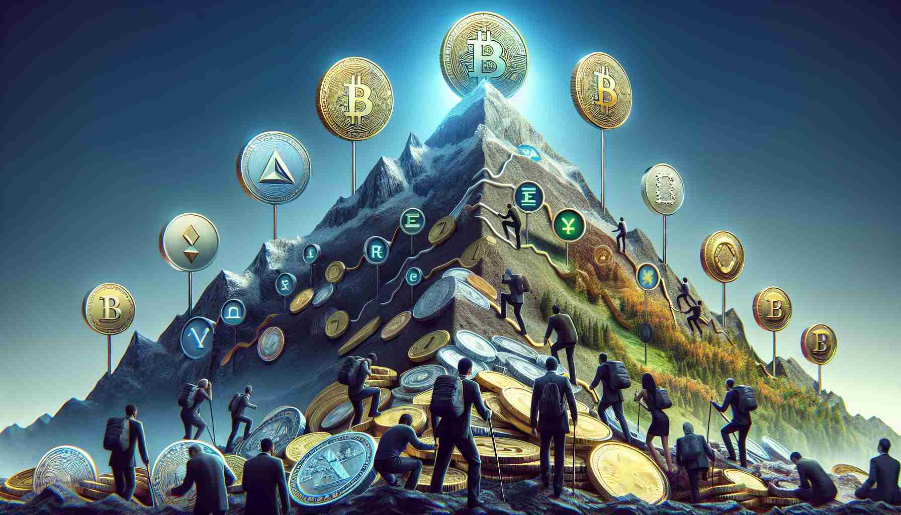 Realistic high-definition image representing the rise of central bank digital currencies. The scene should depict an insightful expedition. The journey could be visualized as a steep mountain or hill, with digital currency symbols serving as milestones. At the bottom of the hill, traditional physical currencies could be seen, while at the peak, futuristic and edgy symbols of digital currencies could be noticeable. Intermediate stages could represent various phases of development, such as research, testing, and implementation. There could also be diverse group of climbers, embodying economists, bankers, and ordinary citizens, each trying to reach the top.