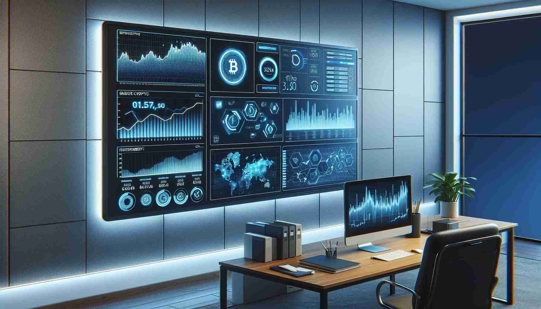 Realistic HD illustration of a digital screen displaying graphs and data about significant outflows from Crypto Investment Products. The screen is mounted on the wall in a modern finance or investment office with blue and white tones. A desk with a computer and other office paraphernalia can be seen in the foreground.